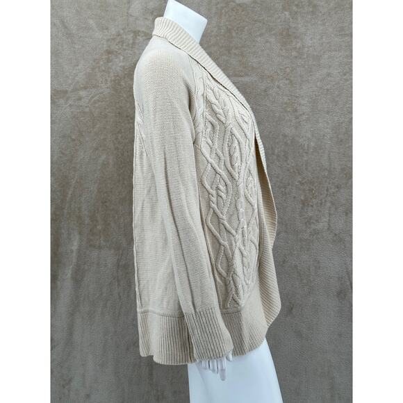 Talbots Sweater Womens Medium Tan Cable Knit Cardigan Lambswool Fisherman Office - Picture 3 of 9